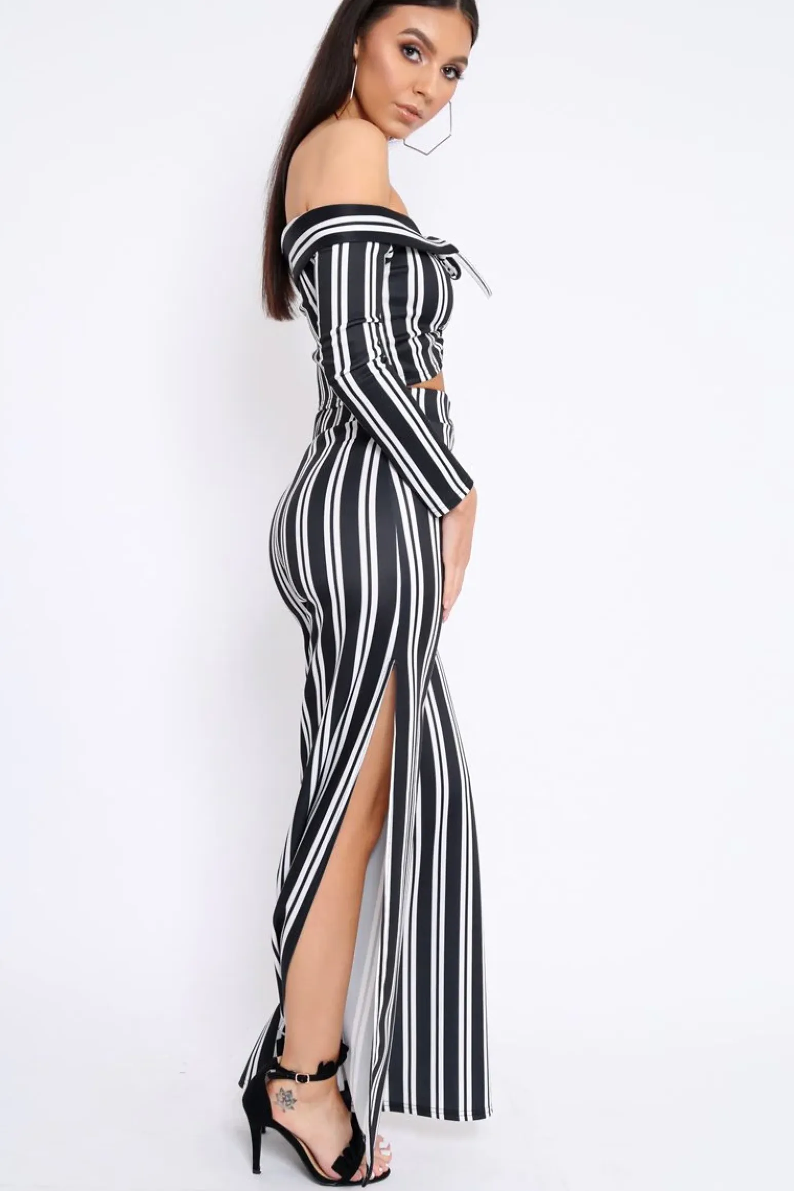 Rebellious Fashion Black Stripe Bardot Ruffle Top and Trouser Set - Inas