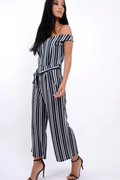 Rebellious Fashion Black Stripe Bardot V Dip Jumpsuit - Lisah