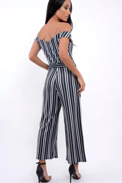 Rebellious Fashion Black Stripe Bardot V Dip Jumpsuit - Lisah