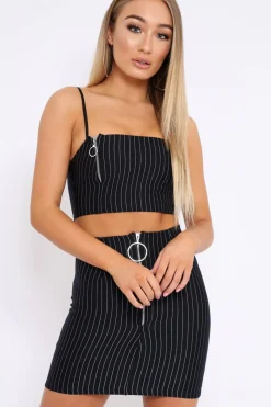 Rebellious Fashion Black Stripe Crop Top and Skirt Co-ord - Edina
