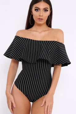 Rebellious Fashion Black Striped Bardot Frill Bodysuit - Emmie