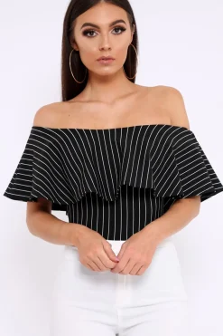 Rebellious Fashion Black Striped Bardot Frill Bodysuit - Emmie