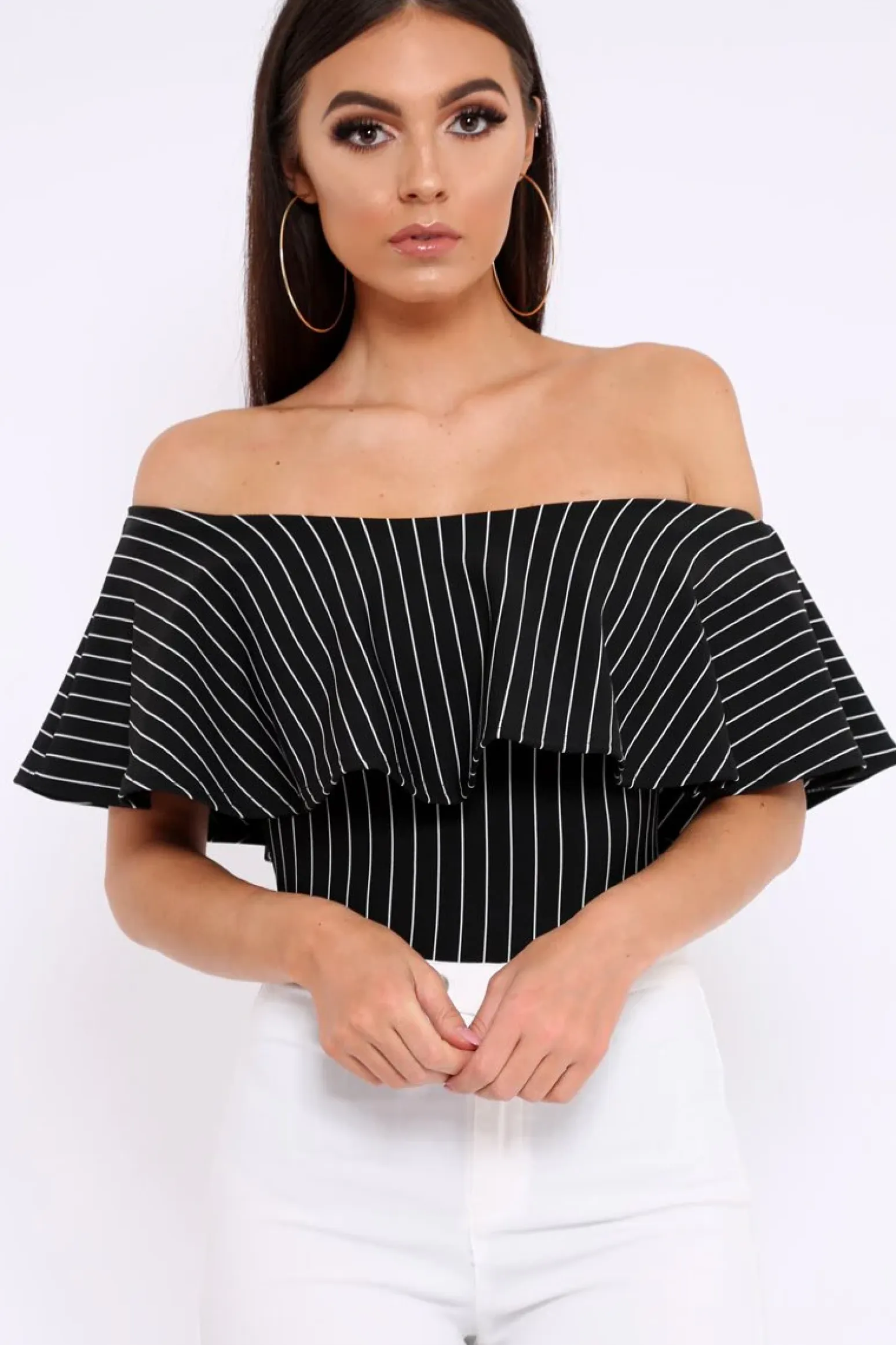 Rebellious Fashion Black Striped Bardot Frill Bodysuit - Emmie