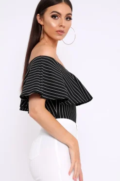 Rebellious Fashion Black Striped Bardot Frill Bodysuit - Emmie