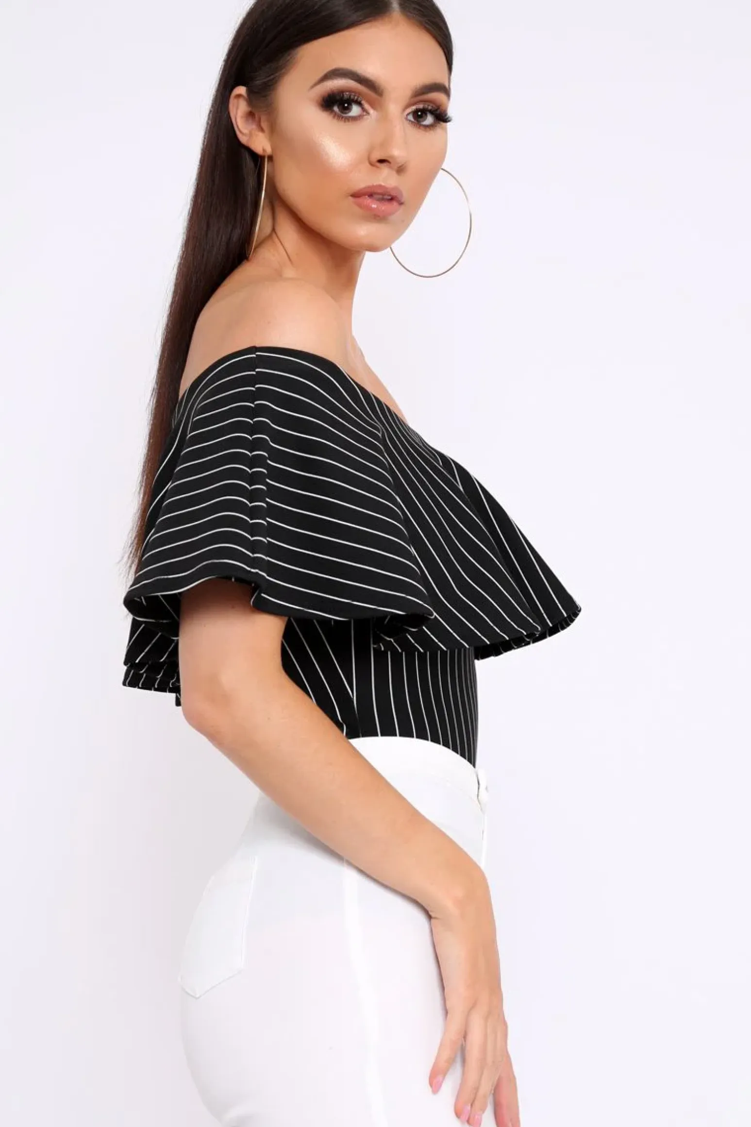 Rebellious Fashion Black Striped Bardot Frill Bodysuit - Emmie