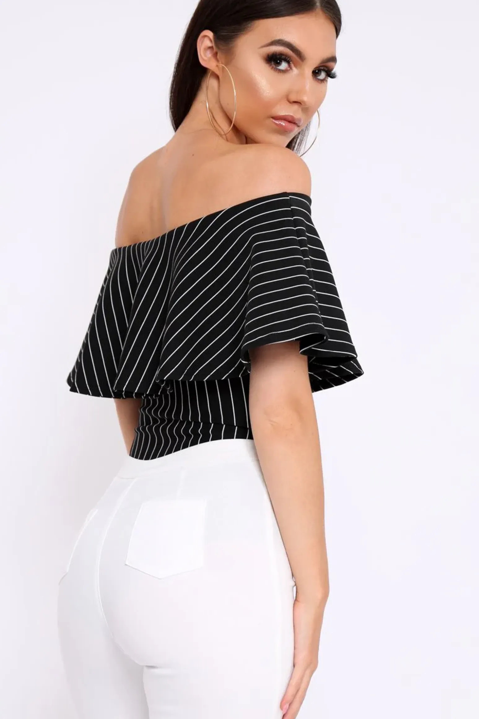 Rebellious Fashion Black Striped Bardot Frill Bodysuit - Emmie