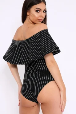 Rebellious Fashion Black Striped Bardot Frill Bodysuit - Emmie