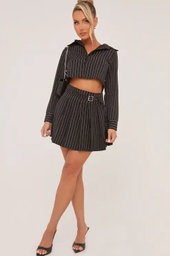 Rebellious Fashion Black Striped Button Up Shirt & Pleated Mini Skirt Co-ord Set - Nancy