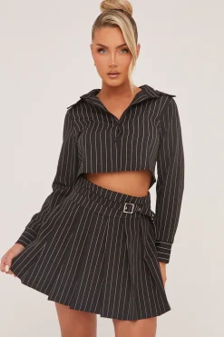 Rebellious Fashion Black Striped Button Up Shirt & Pleated Mini Skirt Co-ord Set - Nancy