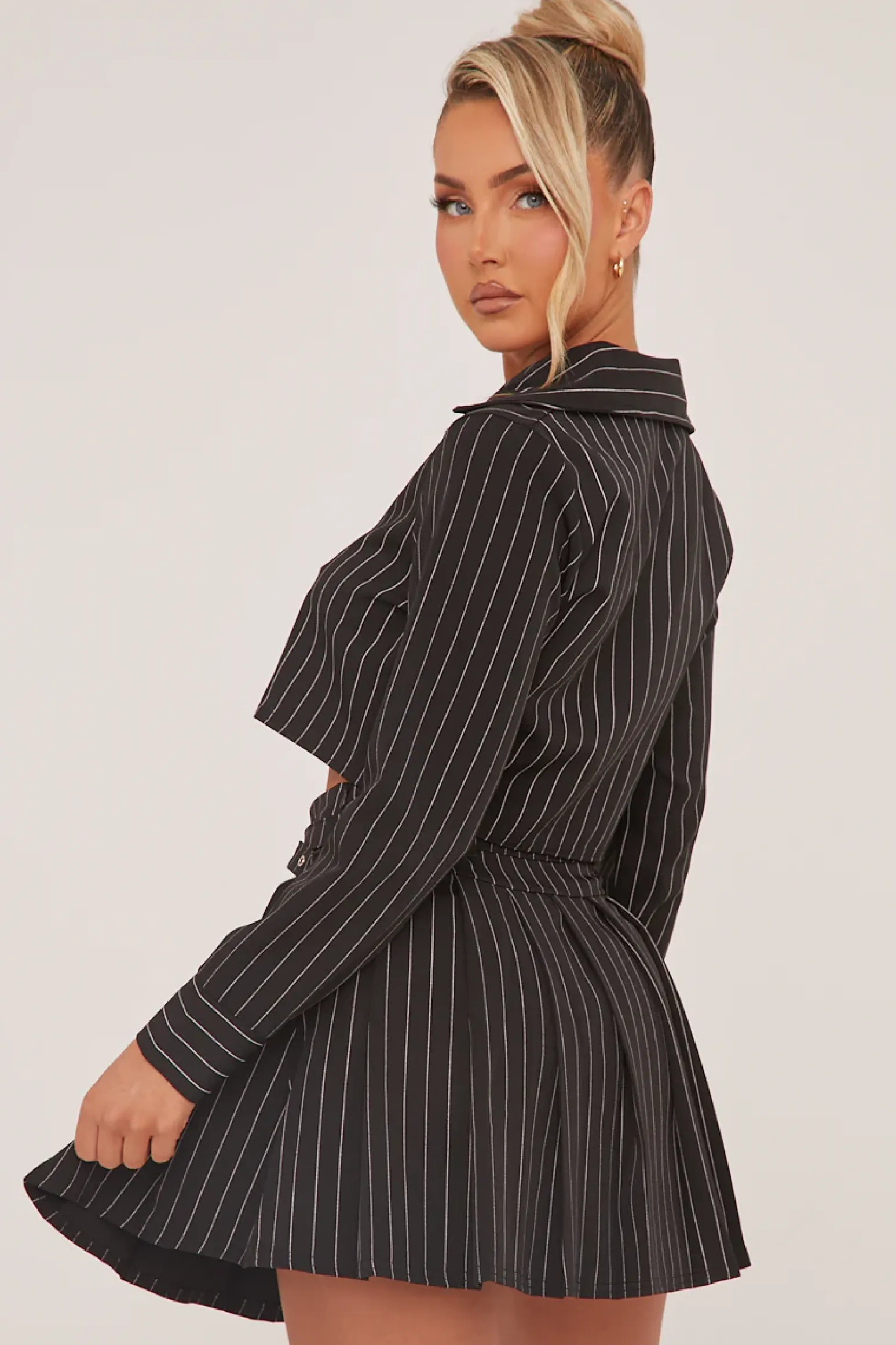 Rebellious Fashion Black Striped Button Up Shirt & Pleated Mini Skirt Co-ord Set - Nancy
