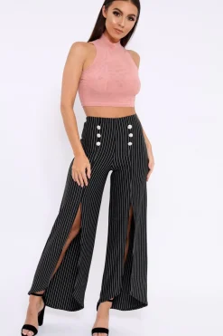 Rebellious Fashion Black Striped High Waist Split Front Flare Trousers - Reana