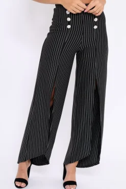 Rebellious Fashion Black Striped High Waist Split Front Flare Trousers - Reana