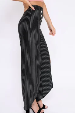 Rebellious Fashion Black Striped High Waist Split Front Flare Trousers - Reana