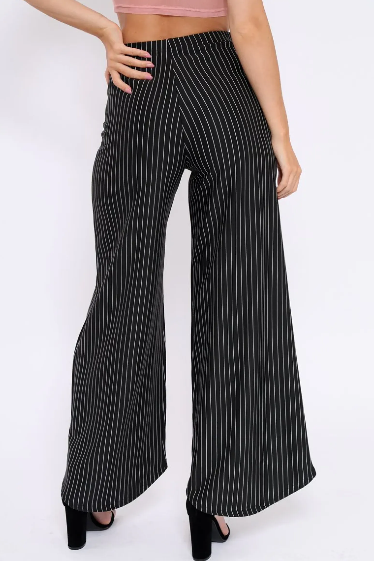 Rebellious Fashion Black Striped High Waist Split Front Flare Trousers - Reana