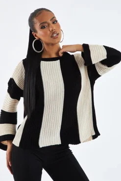 Rebellious Fashion Black Striped Knit Oversized Jumper - Luna