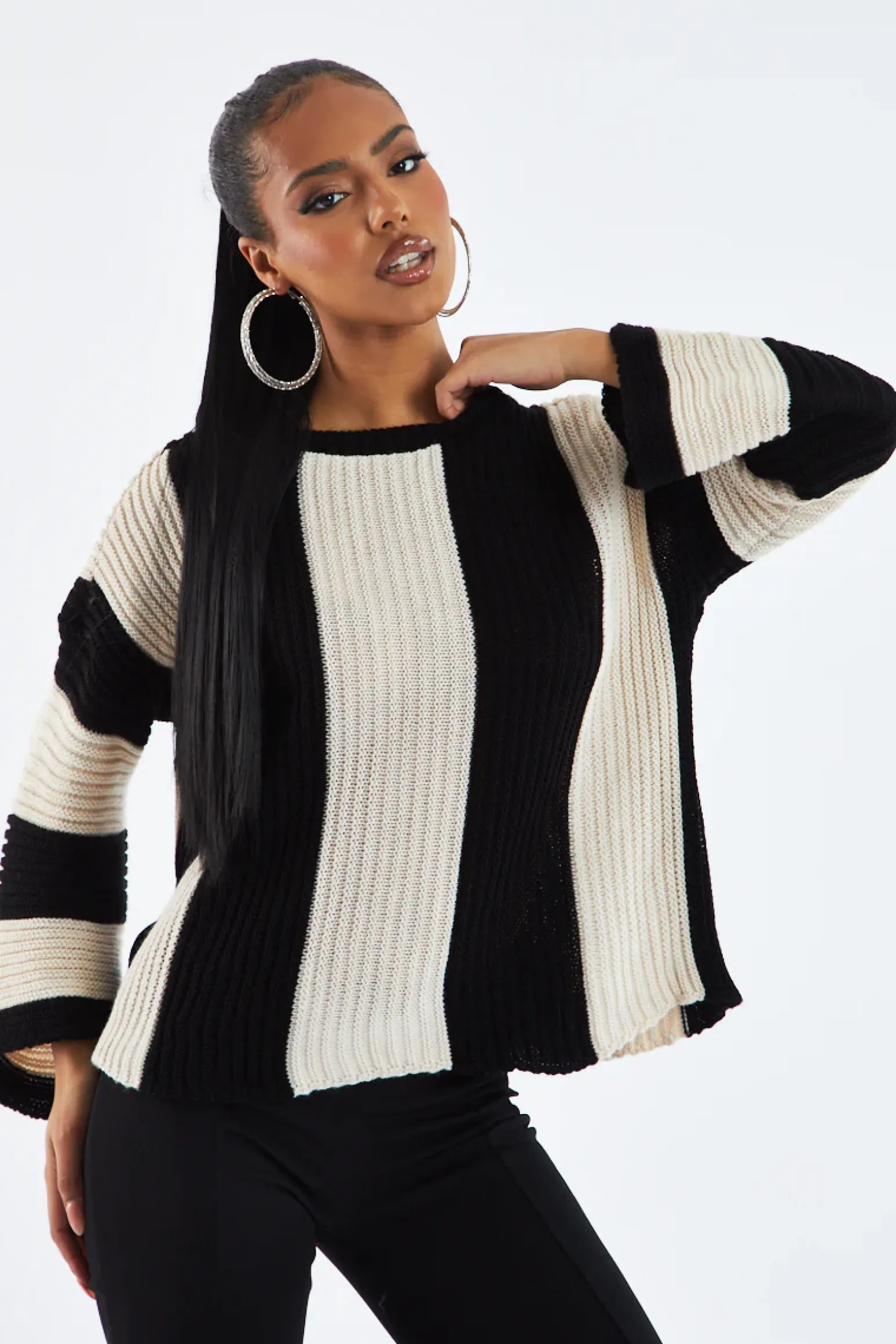 Rebellious Fashion Black Striped Knit Oversized Jumper - Luna