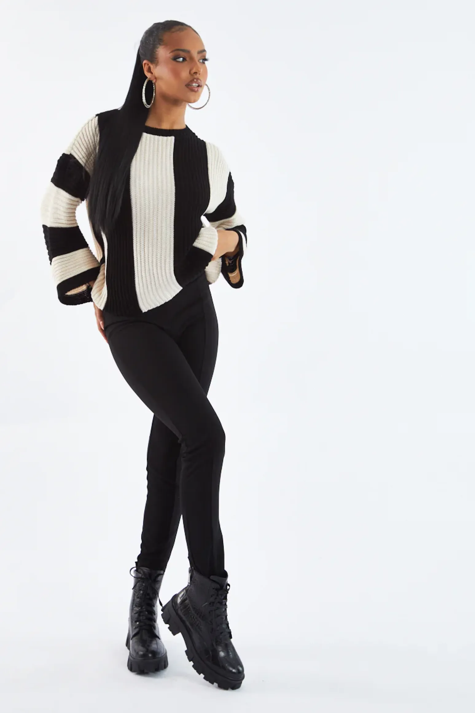 Rebellious Fashion Black Striped Knit Oversized Jumper - Luna