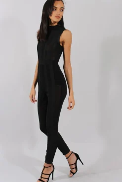 Rebellious Fashion Black Striped Mesh Bandage Jumpsuit - Yara