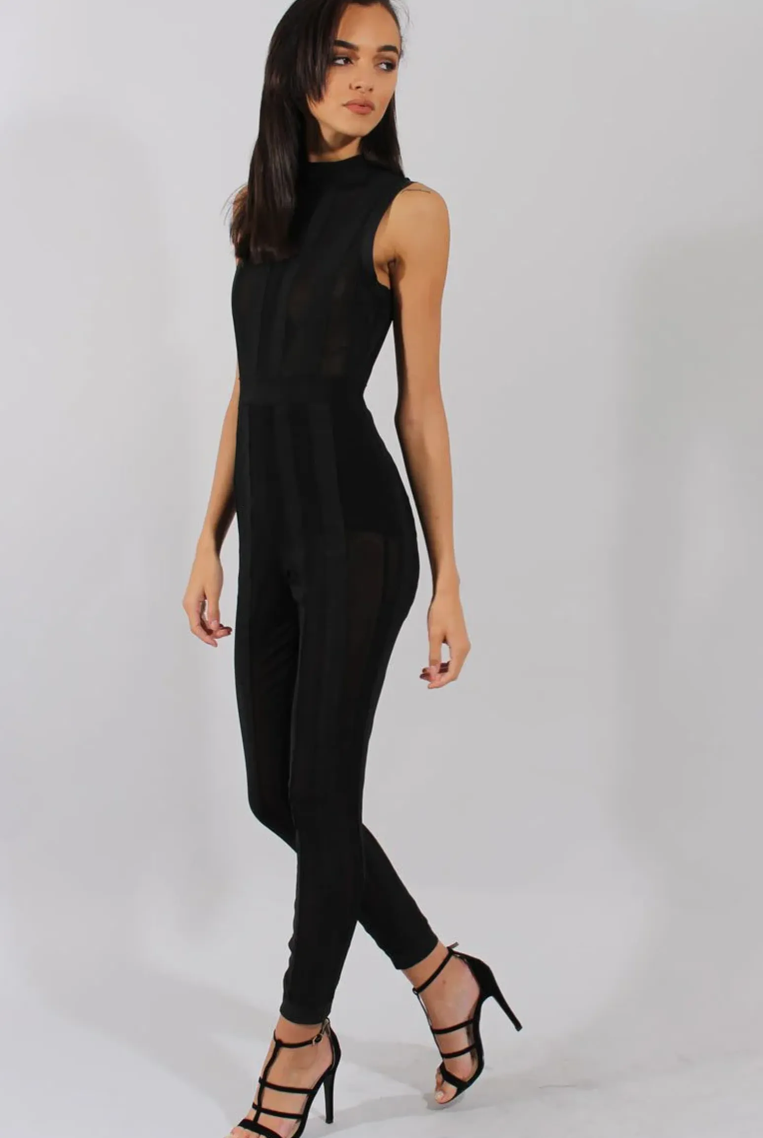 Rebellious Fashion Black Striped Mesh Bandage Jumpsuit - Yara
