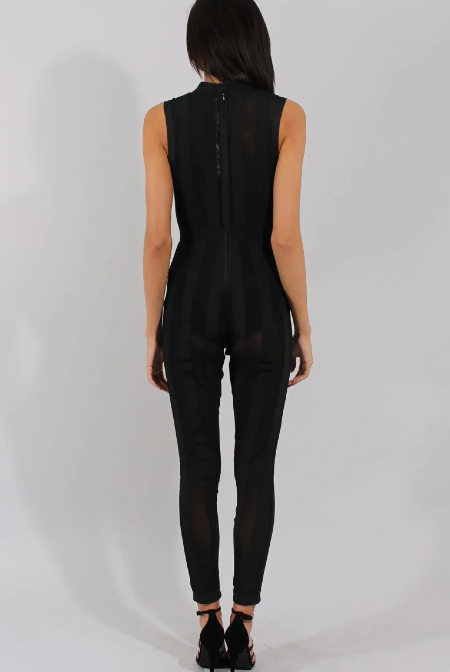 Rebellious Fashion Black Striped Mesh Bandage Jumpsuit - Yara