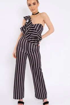 Rebellious Fashion Black Striped One Shoulder Ruffle Jumpsuit - Shelley