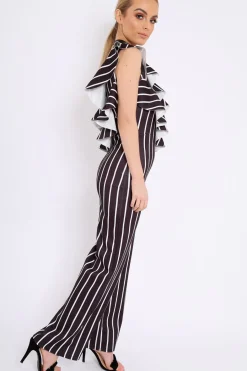 Rebellious Fashion Black Striped One Shoulder Ruffle Jumpsuit - Shelley