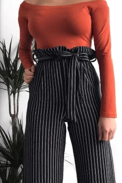 Rebellious Fashion Black Striped Paper Bag Tie Waist Wide Leg Trousers - Kennedy
