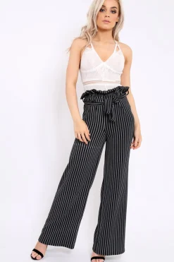 Rebellious Fashion Black Striped Paper Bag Tie Waist Wide Leg Trousers - Kennedy