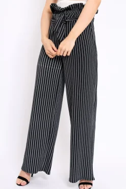 Rebellious Fashion Black Striped Paper Bag Tie Waist Wide Leg Trousers - Kennedy