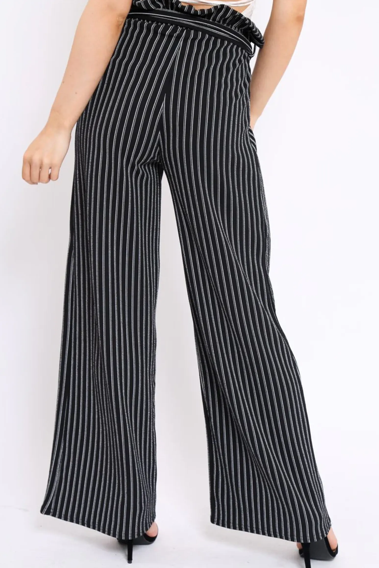 Rebellious Fashion Black Striped Paper Bag Tie Waist Wide Leg Trousers - Kennedy