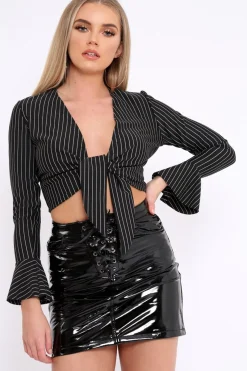 Rebellious Fashion Black Striped Plunge Tie Front Flare Sleeve Crop Top - Aimi