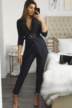 Rebellious Fashion Black Striped Slim Fit Blazer- Meya