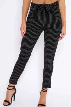 Rebellious Fashion Black Striped Tie Waist Cigarette Trousers - Candice