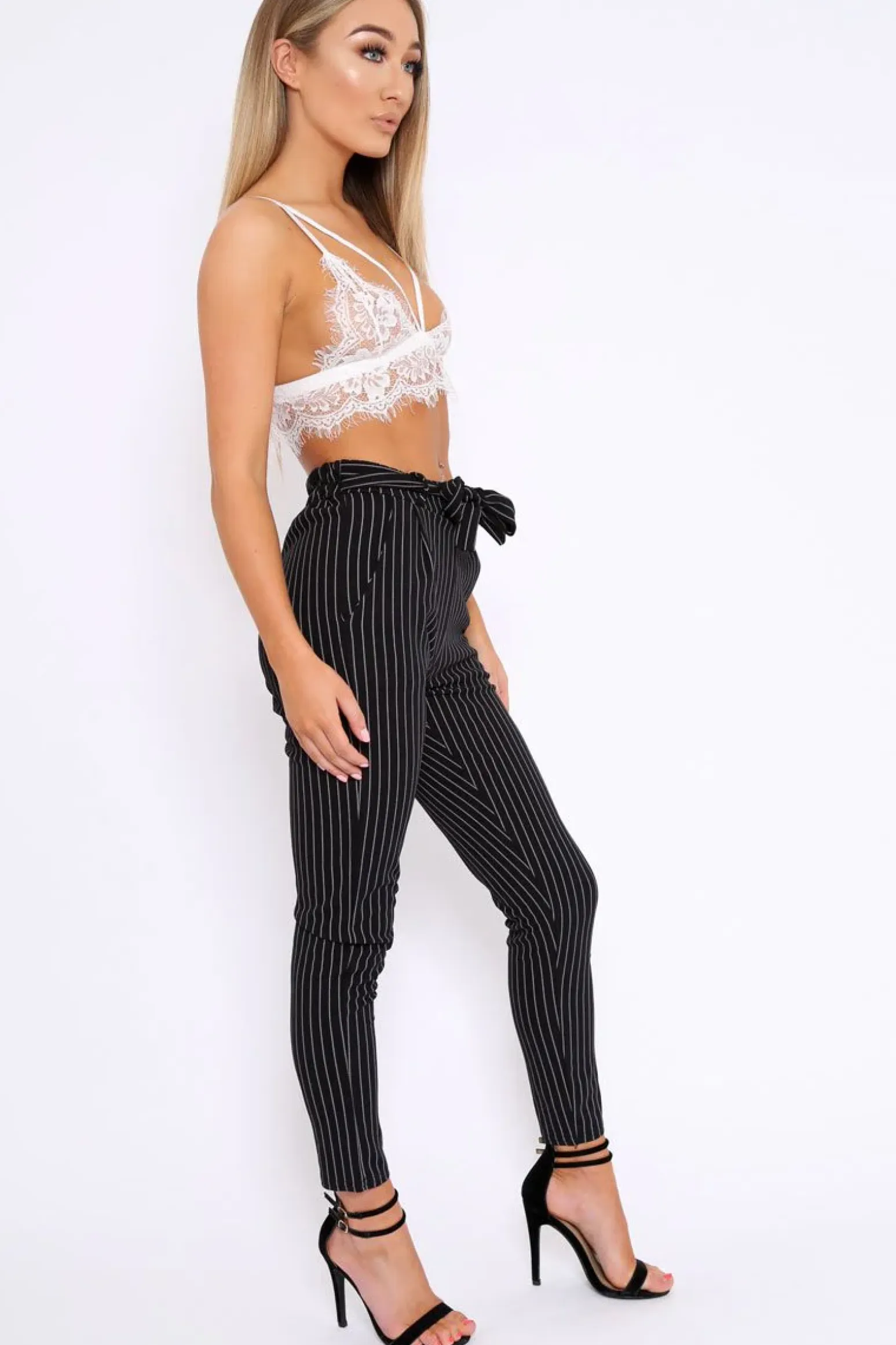 Rebellious Fashion Black Striped Tie Waist Cigarette Trousers - Candice
