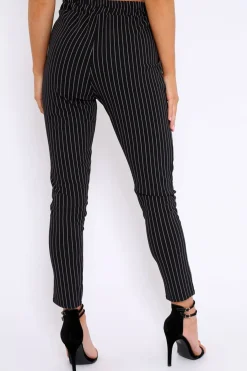 Rebellious Fashion Black Striped Tie Waist Cigarette Trousers - Candice