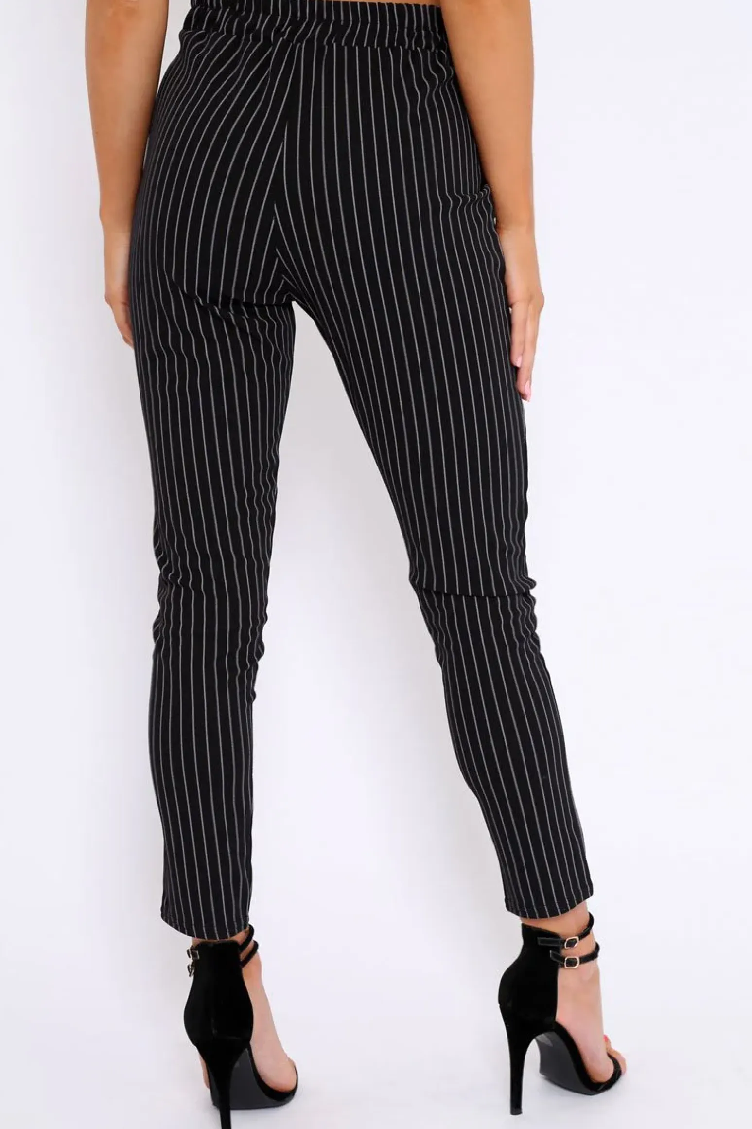 Rebellious Fashion Black Striped Tie Waist Cigarette Trousers - Candice