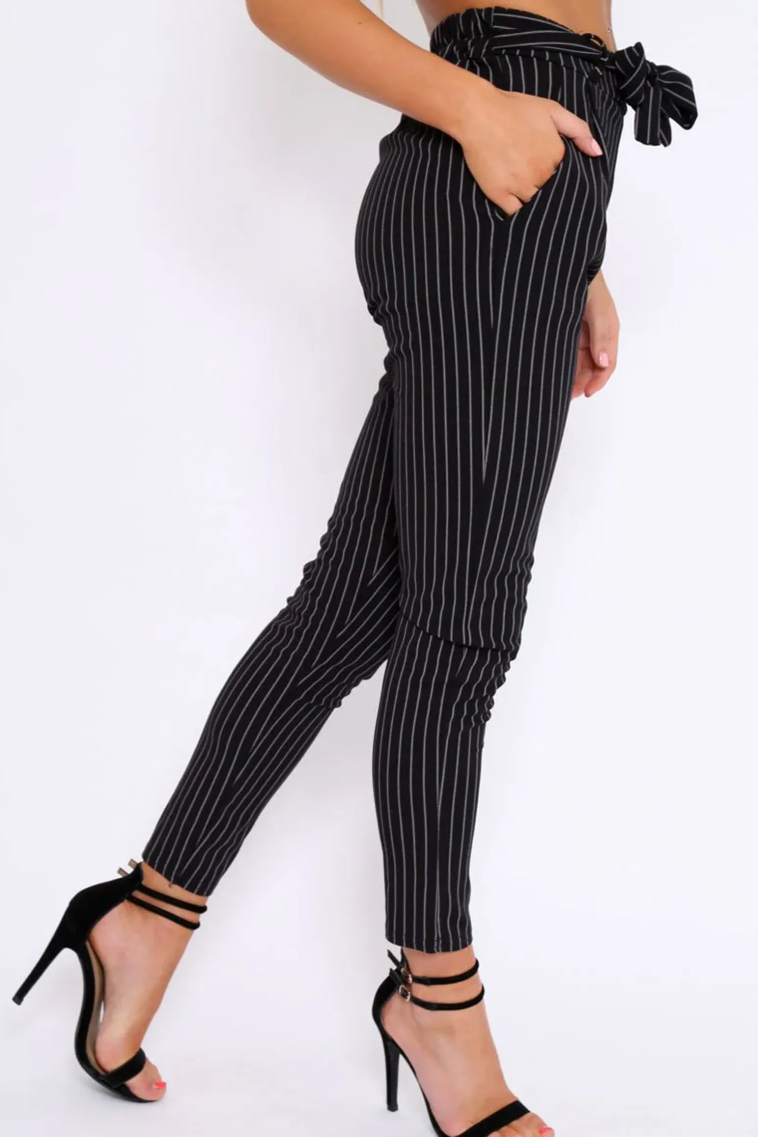 Rebellious Fashion Black Striped Tie Waist Cigarette Trousers - Candice