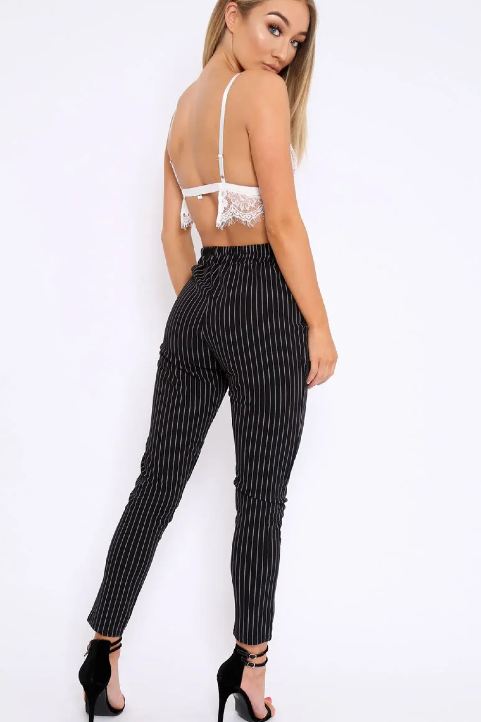 Rebellious Fashion Black Striped Tie Waist Cigarette Trousers - Candice