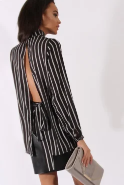 Rebellious Fashion Black Striped Tie Waist Open Back Shirt - Carina