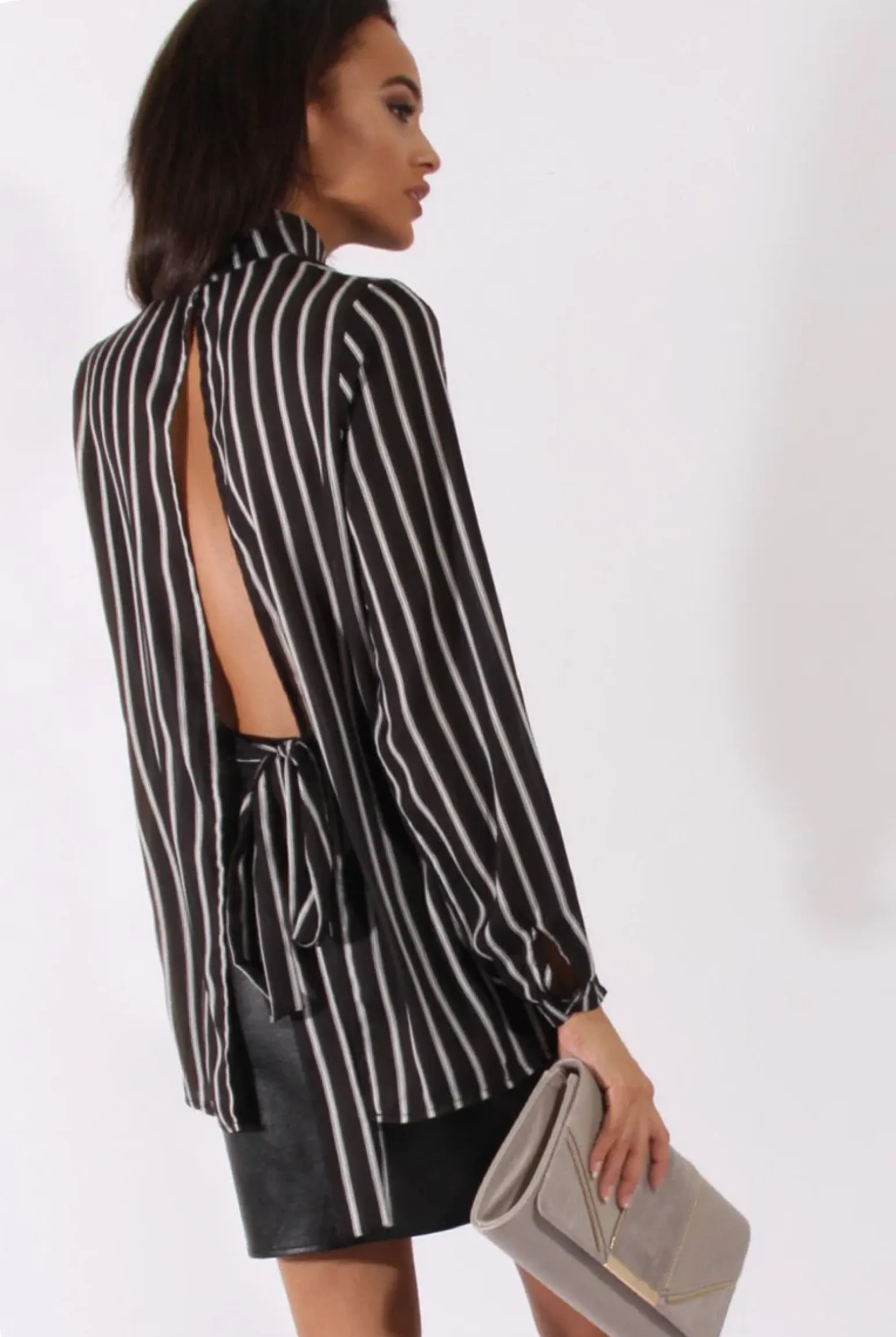 Rebellious Fashion Black Striped Tie Waist Open Back Shirt - Carina