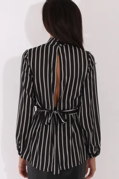Rebellious Fashion Black Striped Tie Waist Open Back Shirt - Carina