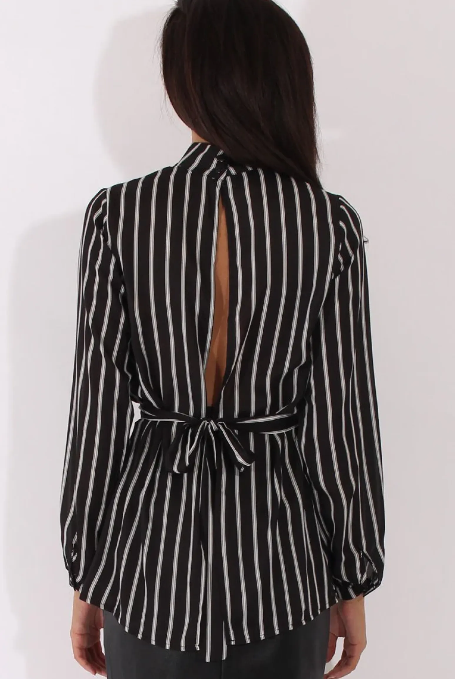 Rebellious Fashion Black Striped Tie Waist Open Back Shirt - Carina