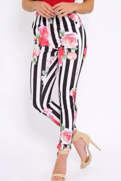 Rebellious Fashion Black Stripe Floral Tapered Trousers - Jasmyn