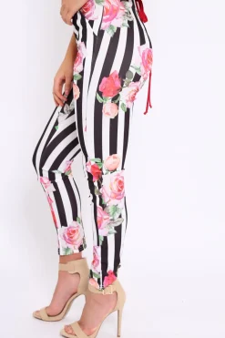 Rebellious Fashion Black Stripe Floral Tapered Trousers - Jasmyn