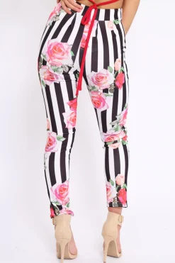 Rebellious Fashion Black Stripe Floral Tapered Trousers - Jasmyn