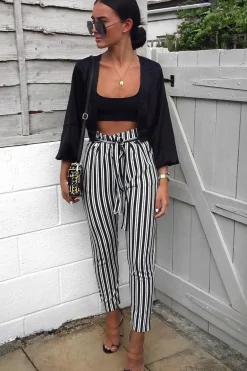 Rebellious Fashion Black Stripe Paper Bag Tie Waist Cigarette Trousers - Shaya