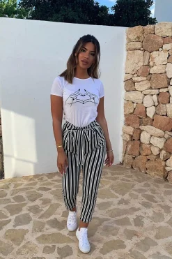 Rebellious Fashion Black Stripe Paper Bag Tie Waist Cigarette Trousers - Shaya