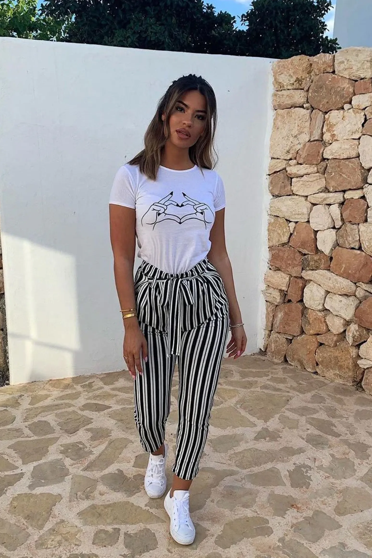 Rebellious Fashion Black Stripe Paper Bag Tie Waist Cigarette Trousers - Shaya