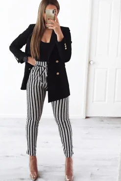 Rebellious Fashion Black Stripe Paper Bag Tie Waist Cigarette Trousers - Shaya
