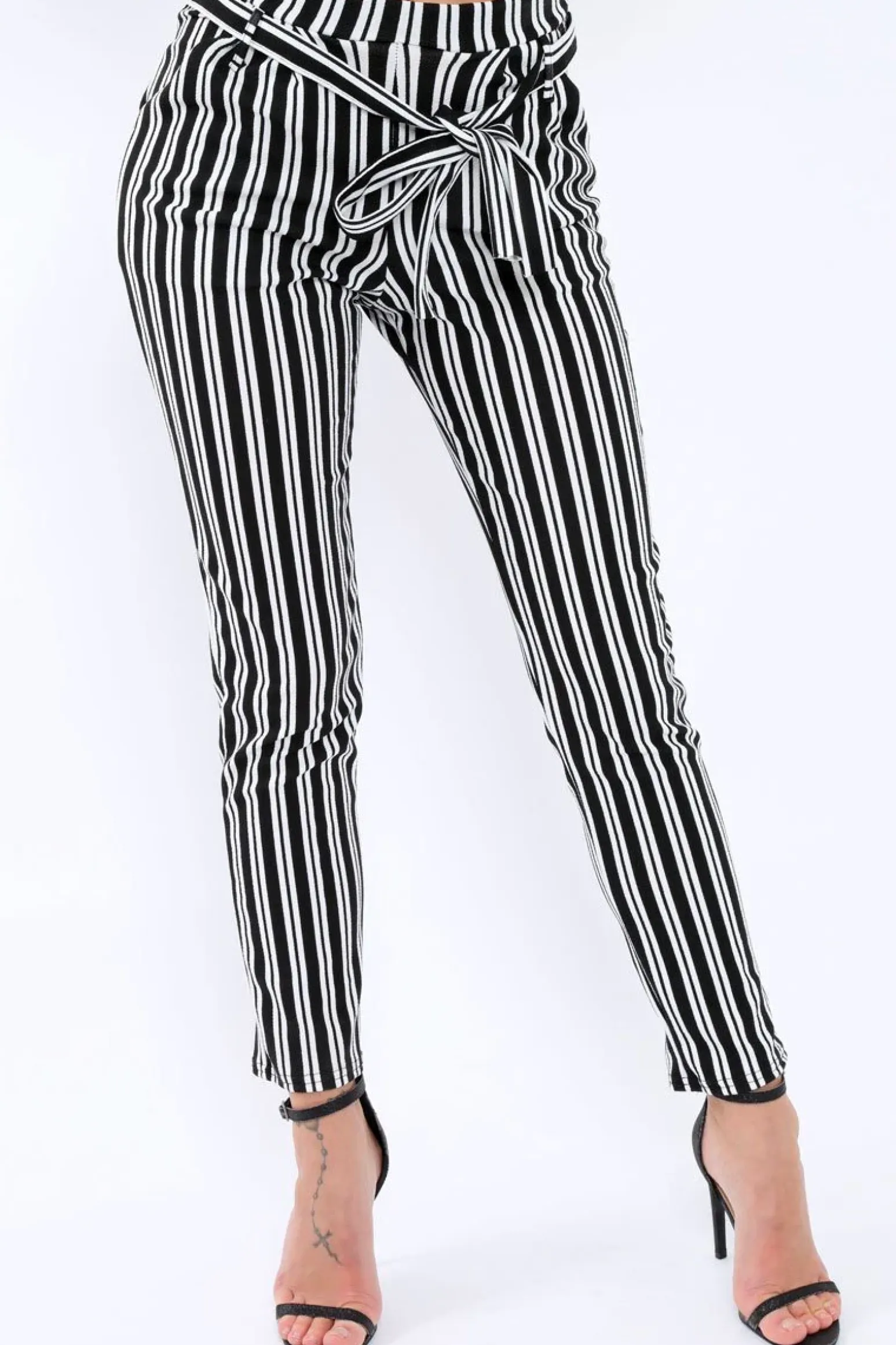 Rebellious Fashion Black Stripe Paper Bag Tie Waist Cigarette Trousers - Shaya